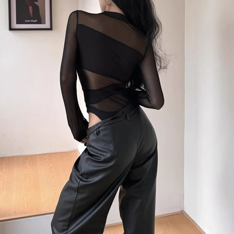 Sexy Perspektive Y2k Kleidung Aushöhlen Bodys Mesh Sheer Top Frauen Langarm Patchwork Body Schwarz – Detail 8