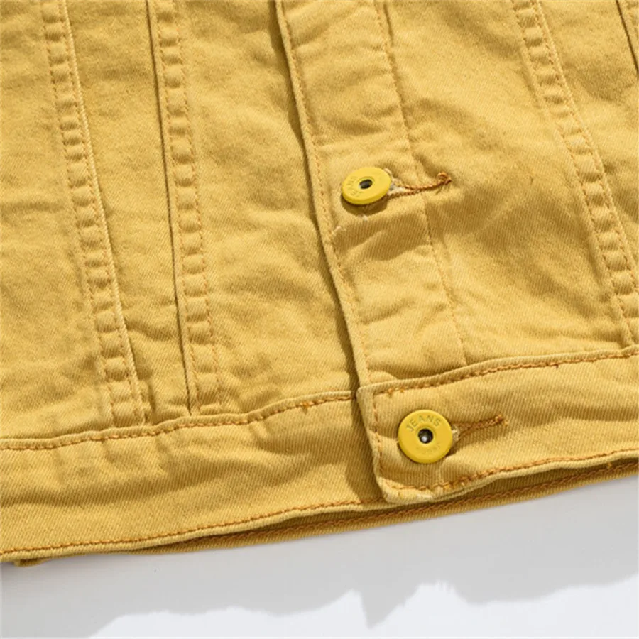 สีเหลือง DENIM แจ็คเก็ตผู้ชายสีทึบกางเกงยีนส์แจ็คเก็ต SLIM FIT เสื้อแฟชั่นคาวบอย Streetwear ฤดูใบไม้ผลิฤดูใบไม้ร่วง Hip Hop เสื้อผ้าผู้ชาย