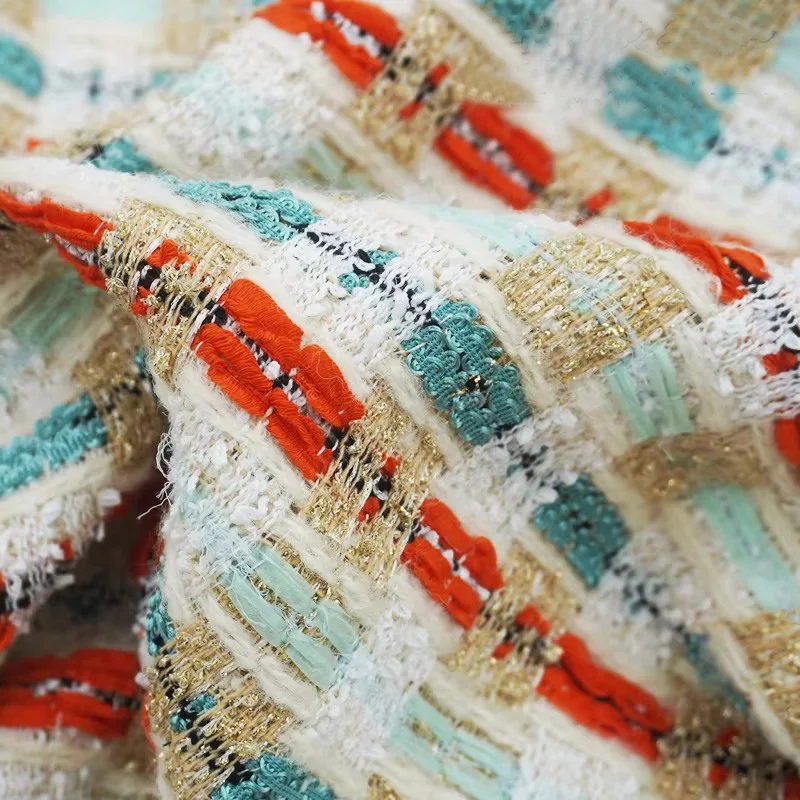 Lake Green Orange Red Gold White Wool Blend Yarn Dyed Colorful Plaid Tweed Fabric Woven Cloth For Sewing DIY Blazer Coat Soft