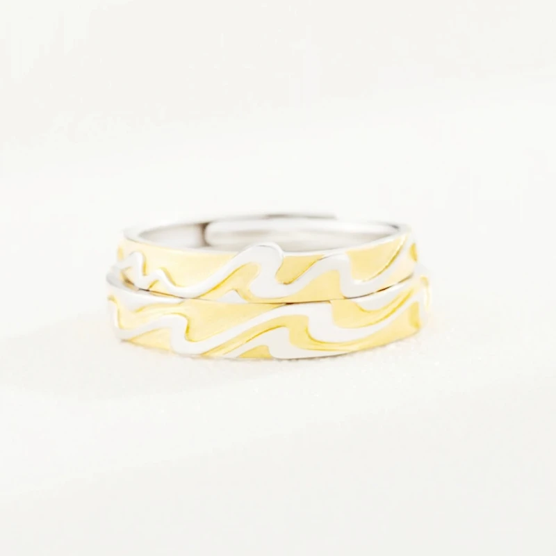 Yellow Drip Glaze Wavy Sweet Romantic Couple Ring 925 Sterling Silver Female Resizable Opening Rings RI452