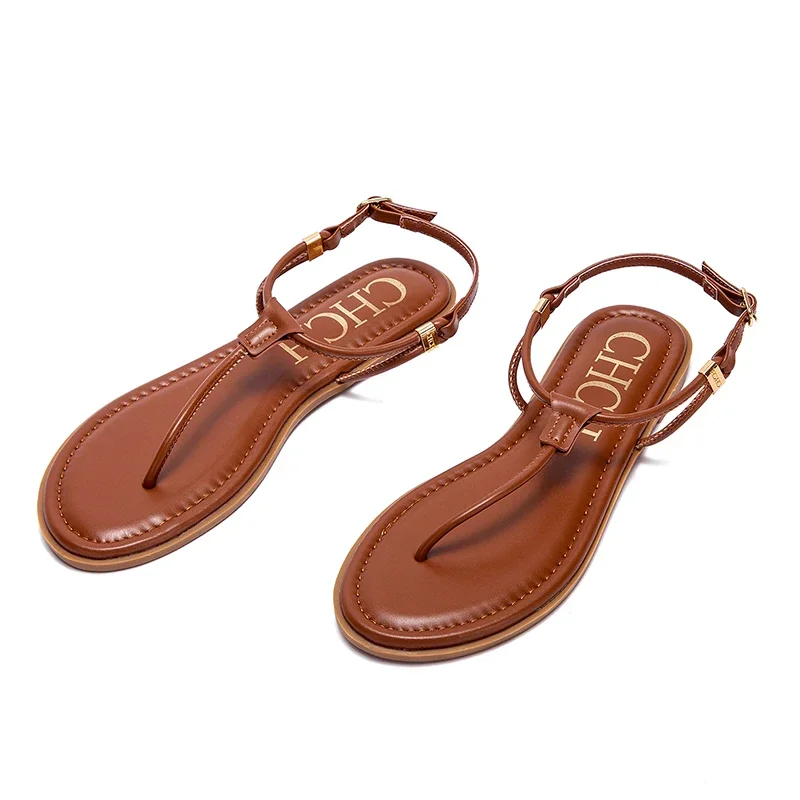 

2025 Sandals Summer Women's Shoes Thin Bottom Flat Spaghetti Straps Casual Sandals Luxury Brand New