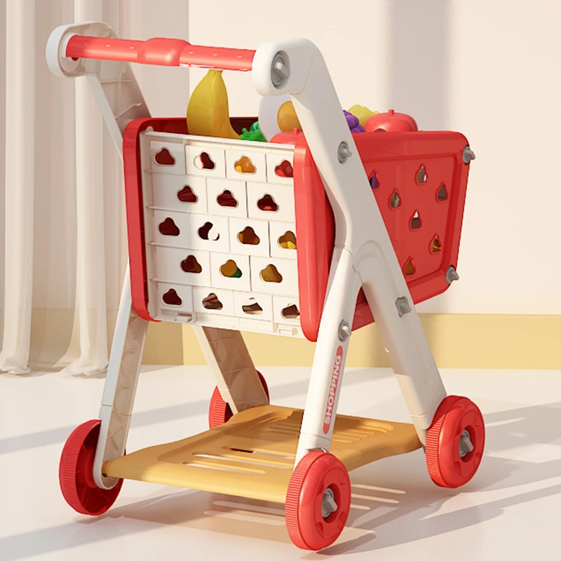 Carrinho de compras de brinquedo para bebês, carrinho pequeno para crianças, casa de brincar, corte de frutas, música, cozinha, supermercado, homens e meninas