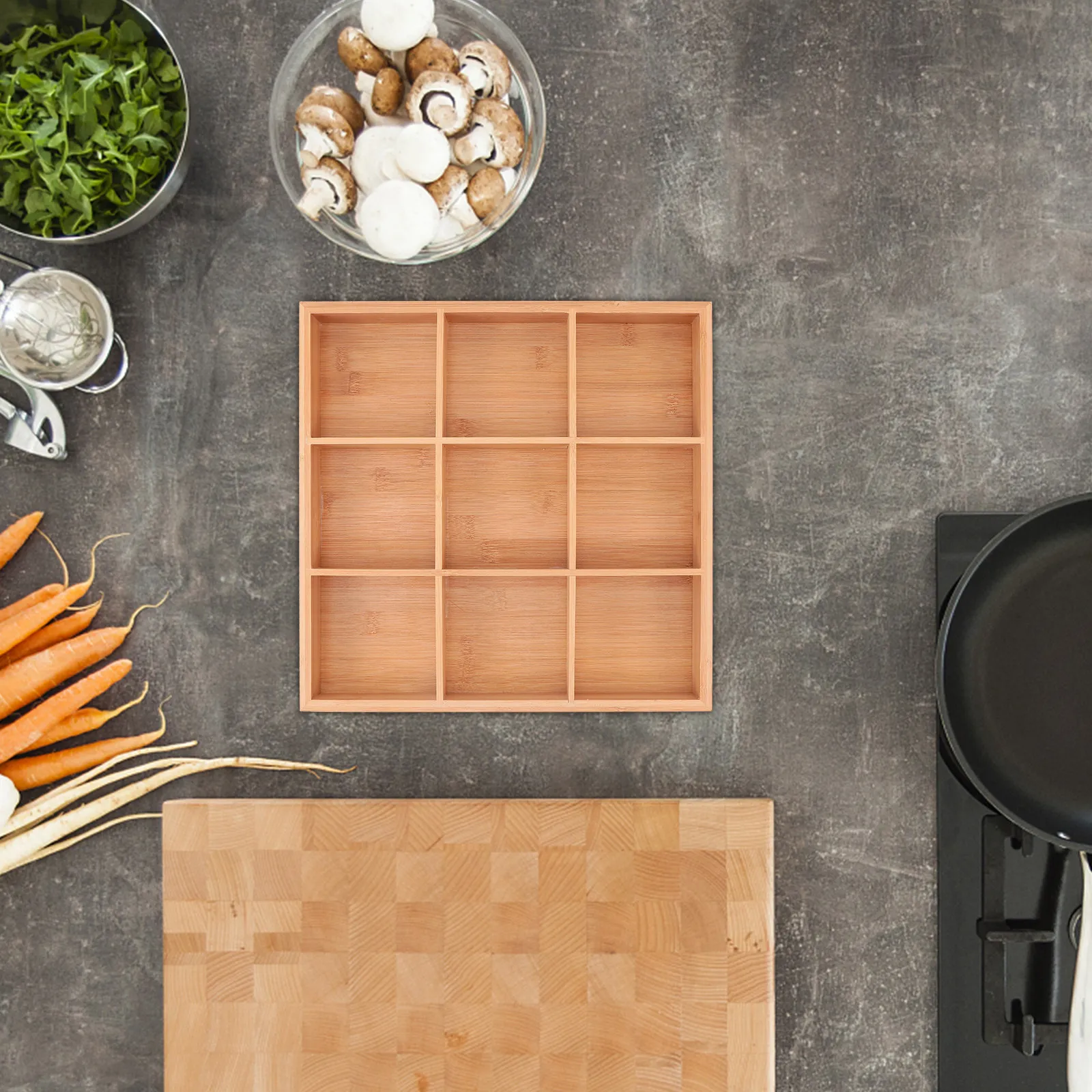 1 pièce Plateau de rangement en bambou à neuf compartiments pour légumes, organisateur alimentaire, plateau de service pour fondue et rangement de cuisine