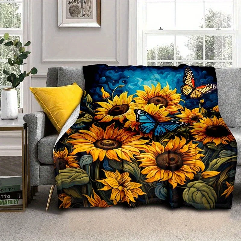 Oil Painted Sunflower Thin Blanket Lightweight Flannel Throw For Sofa, Bed, Travel, Camping, Livingroom, Office, Couch