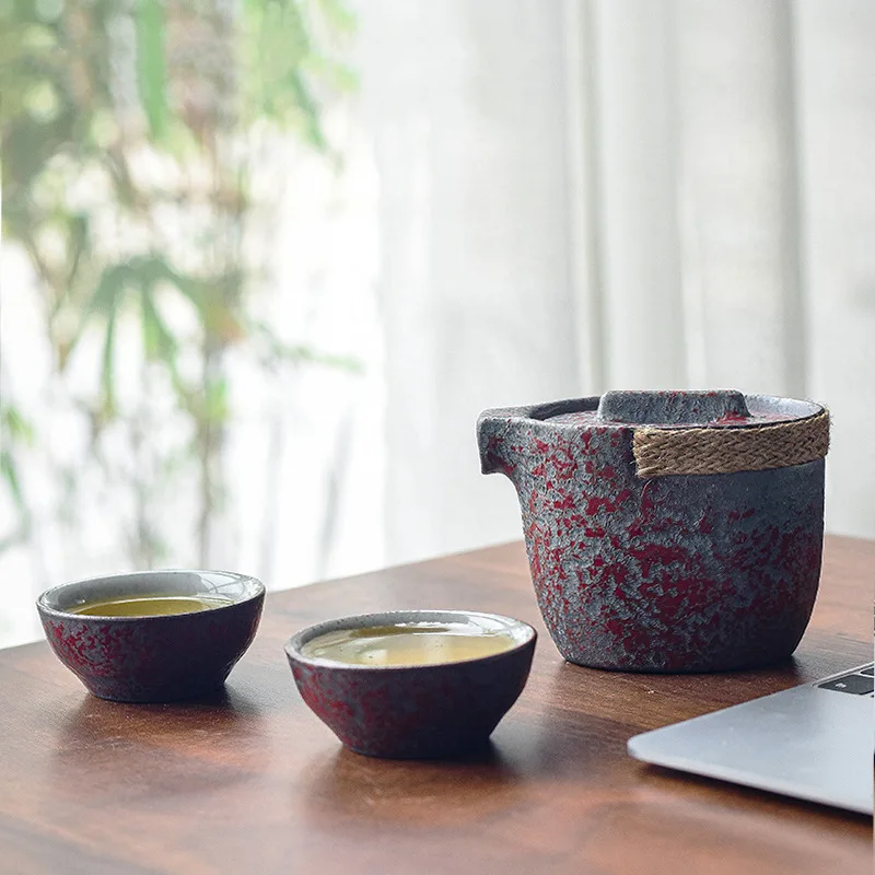 Travel Tea Set One Pot and Two Cups Portable Coarse Pottery Pot Tea Cup Kung Fu Tea Set Small Set tea set chinese tea travel