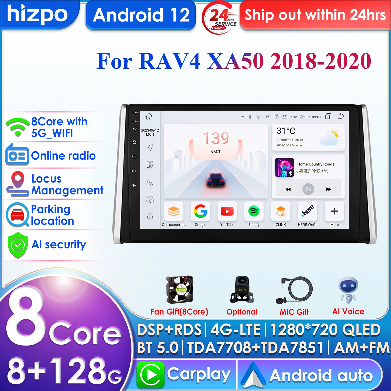 

Hizpo 4G 10.1'' 10.33'' AI Intelligent Systems CarPlay Android Auto Radio for Toyota RAV4 2018 2019 2020 Car Multimedia GPS 2din