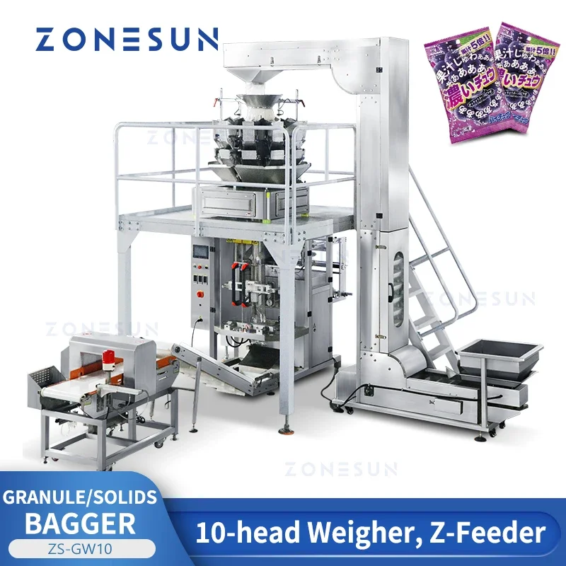 ZONESUN Granule Bagger Beans Sesame Seeds Metal Detector Check Weigher Z Feeder Solids Food Packaging Production Line ZS-GW10