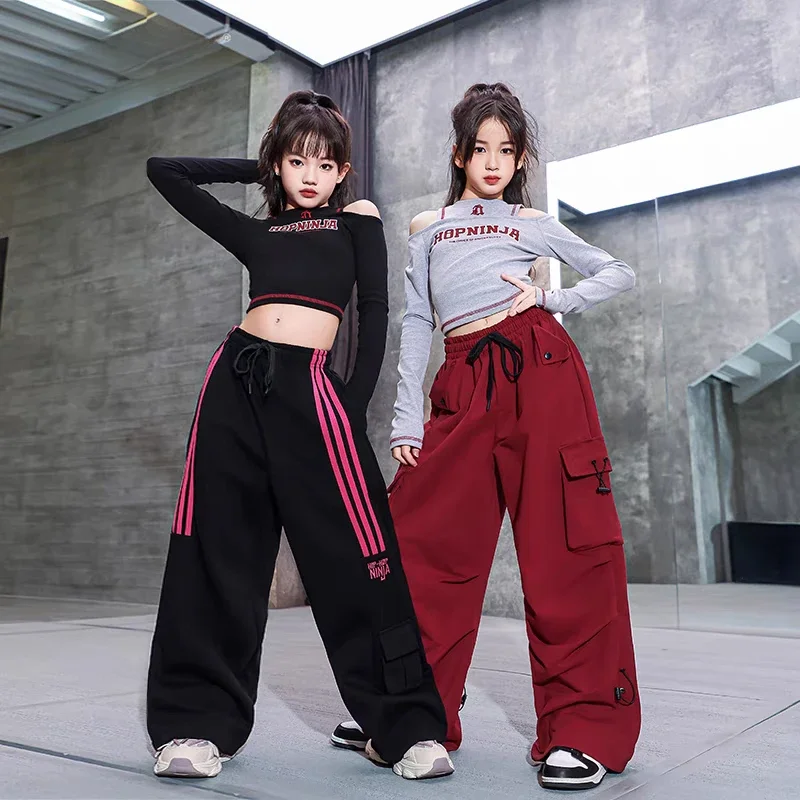 Novos trajes de dança moderna jazz para meninas preto cinza colheita topos calças largas terno adolescentes crianças hip hop dança rua roupas palco
