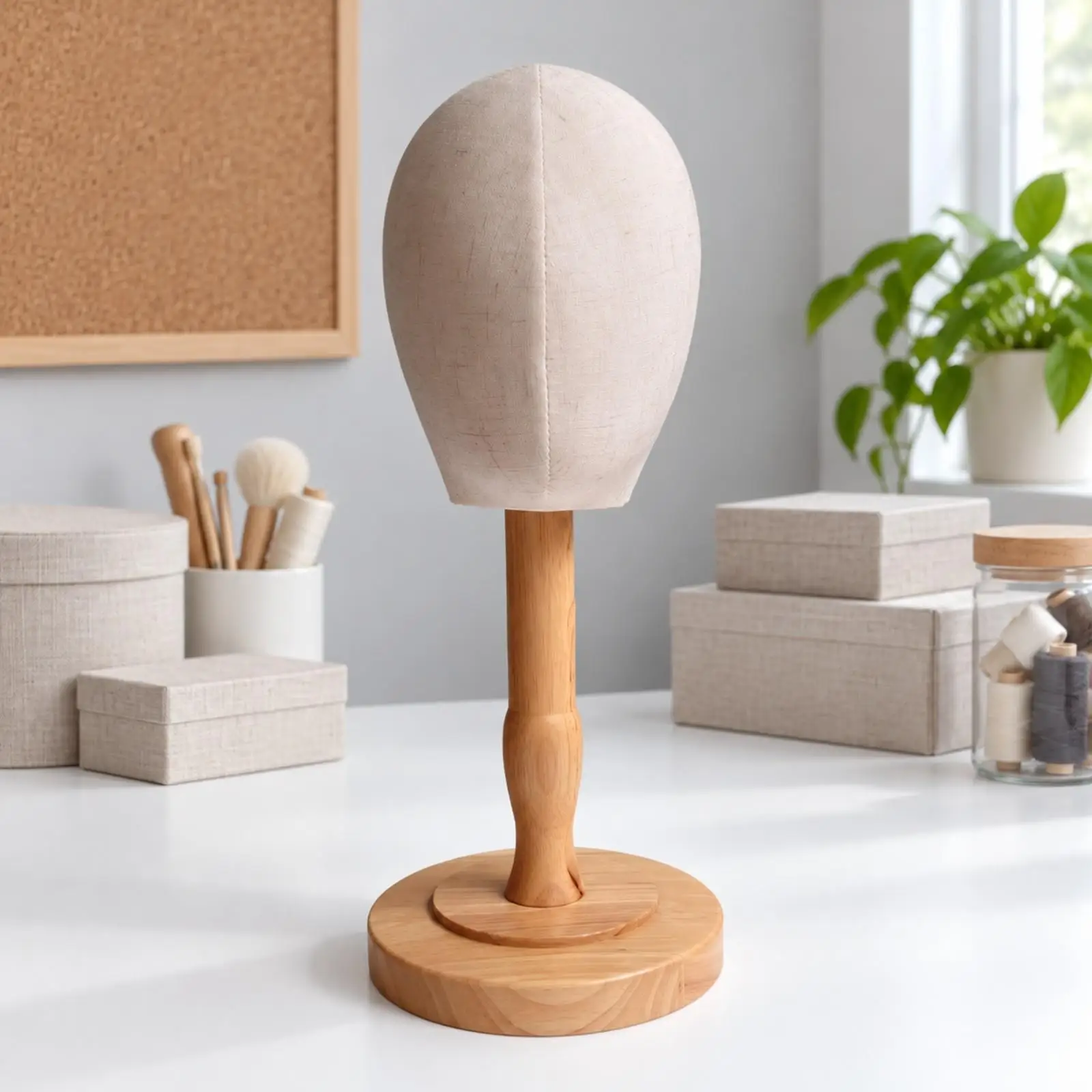 Hat Display Mannequin Head with Fabric Cover and Round Wood Base for Shop Counter Headwear Organizer