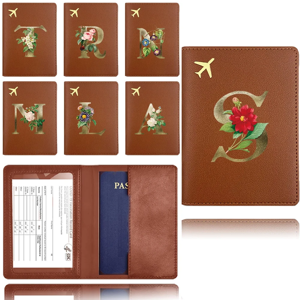 

Protective Passport Case Leather Business Passport Holder Travel Passport Lid Credit Card Container Golden Flower Letter Pattern