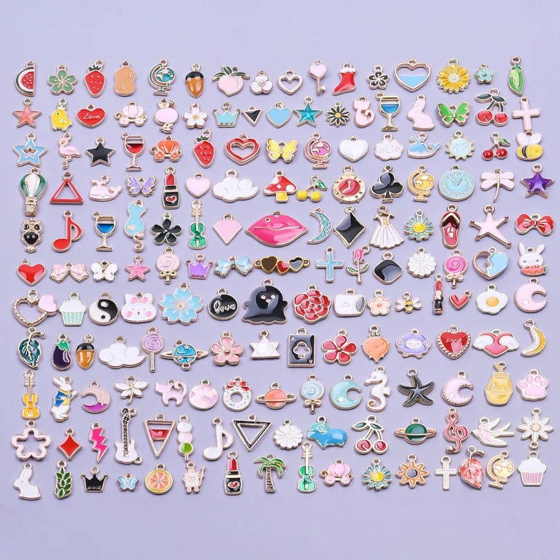 30pcs/Lot Random Mixed Enamel Charms For Jewelry Making Supplies Sun Moon Star Fruit Animal Charm Pendant Materials DIY Earrings