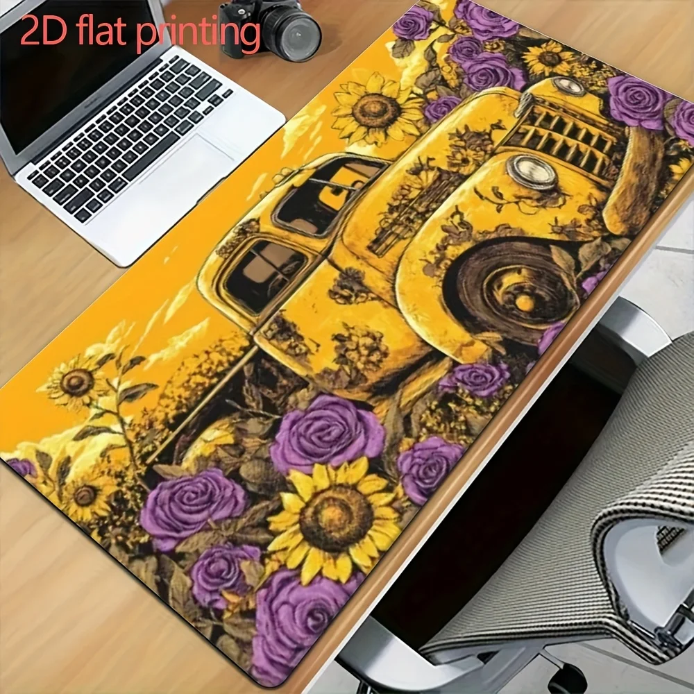 Vintage Yellow Pickup Truck Sunflower Rose Gaming Mouse Pad XXL Large Desk Mat Non-slip Rubber Keyboard Pad for PC Gamer