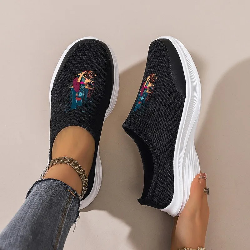 

Women's Black Slip-On Casual Shoes: Chunky Platform & Breathable Mesh. Fun Cartoon Print for Daily Commute & Shopping.