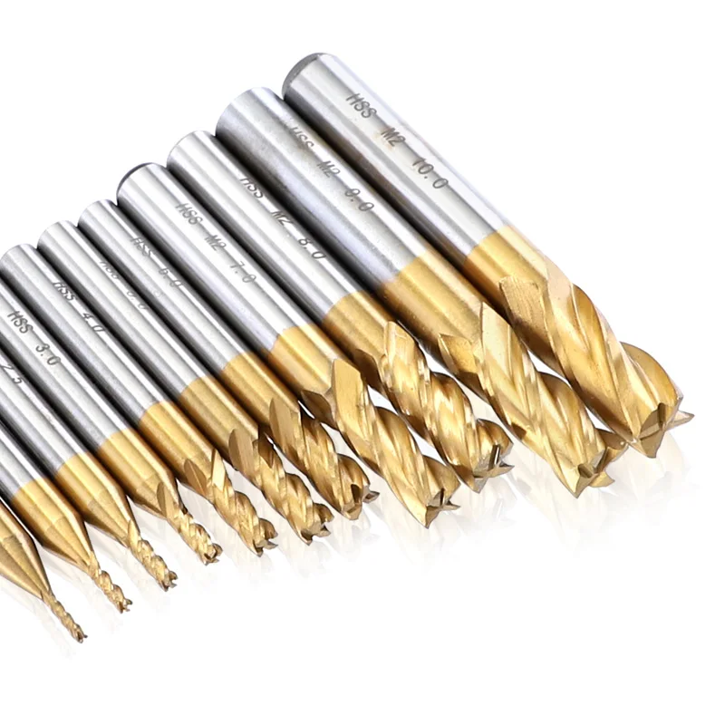 7Pcs/11Pcs Milling Cutter 4-Flutes Titanium Coated HSS End Mill Set 1.5-10mm CNC Router Bit For Wood Steel Milling