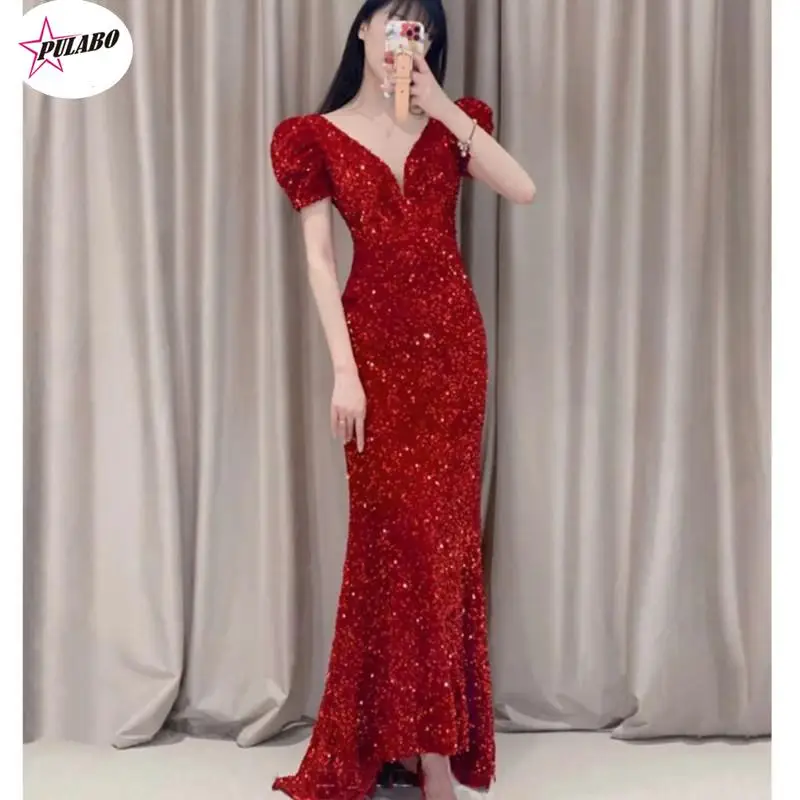 

PULABO South African Red V Neck Prom Ruched Cap Sleeve Mermaid Evening Gowns Sexy Side Split Sweep Train Formal Party Female rob