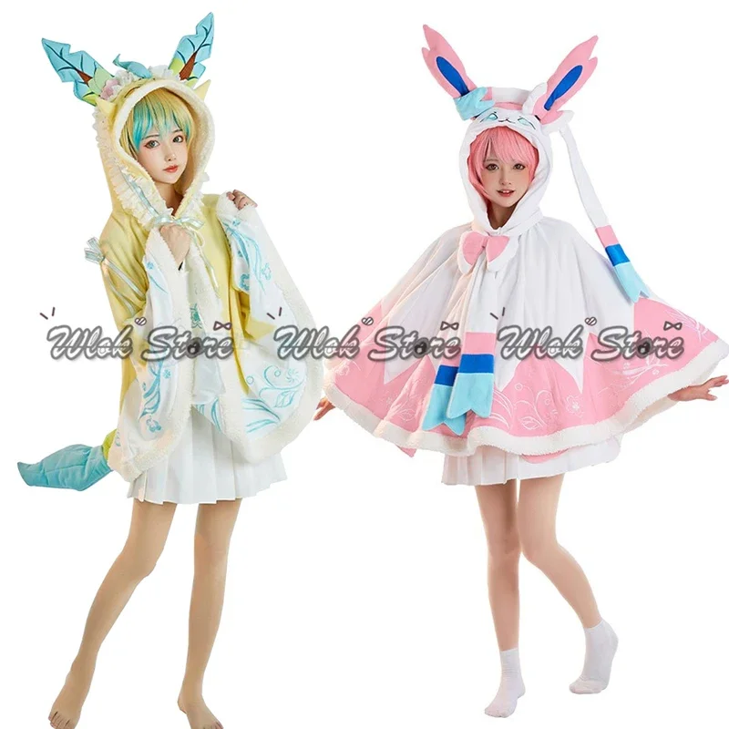 Anime Leafeon Cosplay Costume Cloak witn Tail Warm Coat Fall Winter Suit Hooded Homewear Women Halloween Party Roleplay Uniforms