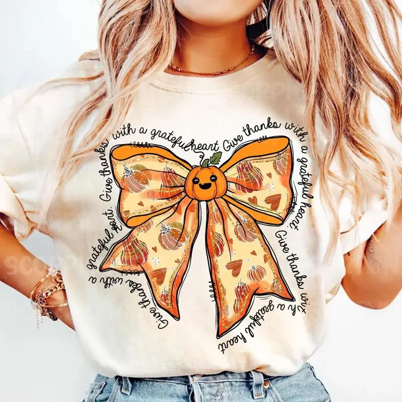

Coquette Pumpkin Glitter Bow Thanksgiving Natural T Shirt