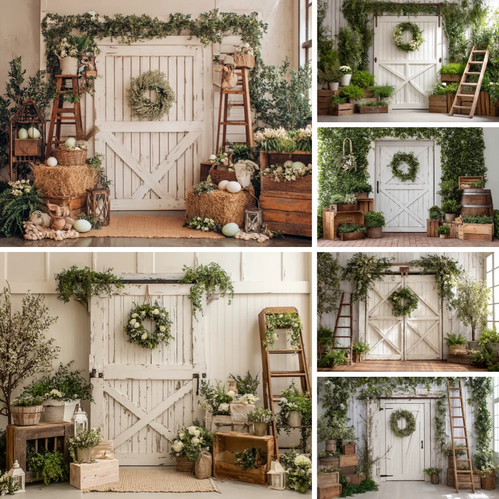 

Spring Easter Rustic Wood Door Backdrop Photography Happy Easter Colorful Eggs Flowers Baby Shower Wooden Board Background