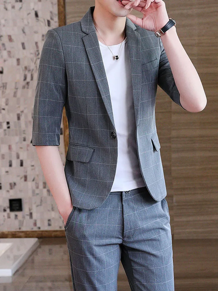 

Summer Men's Two-Piece Suit Cheered f Sve Faionable Korean Sle Slim Fit Casual Single Button Polyester Blend