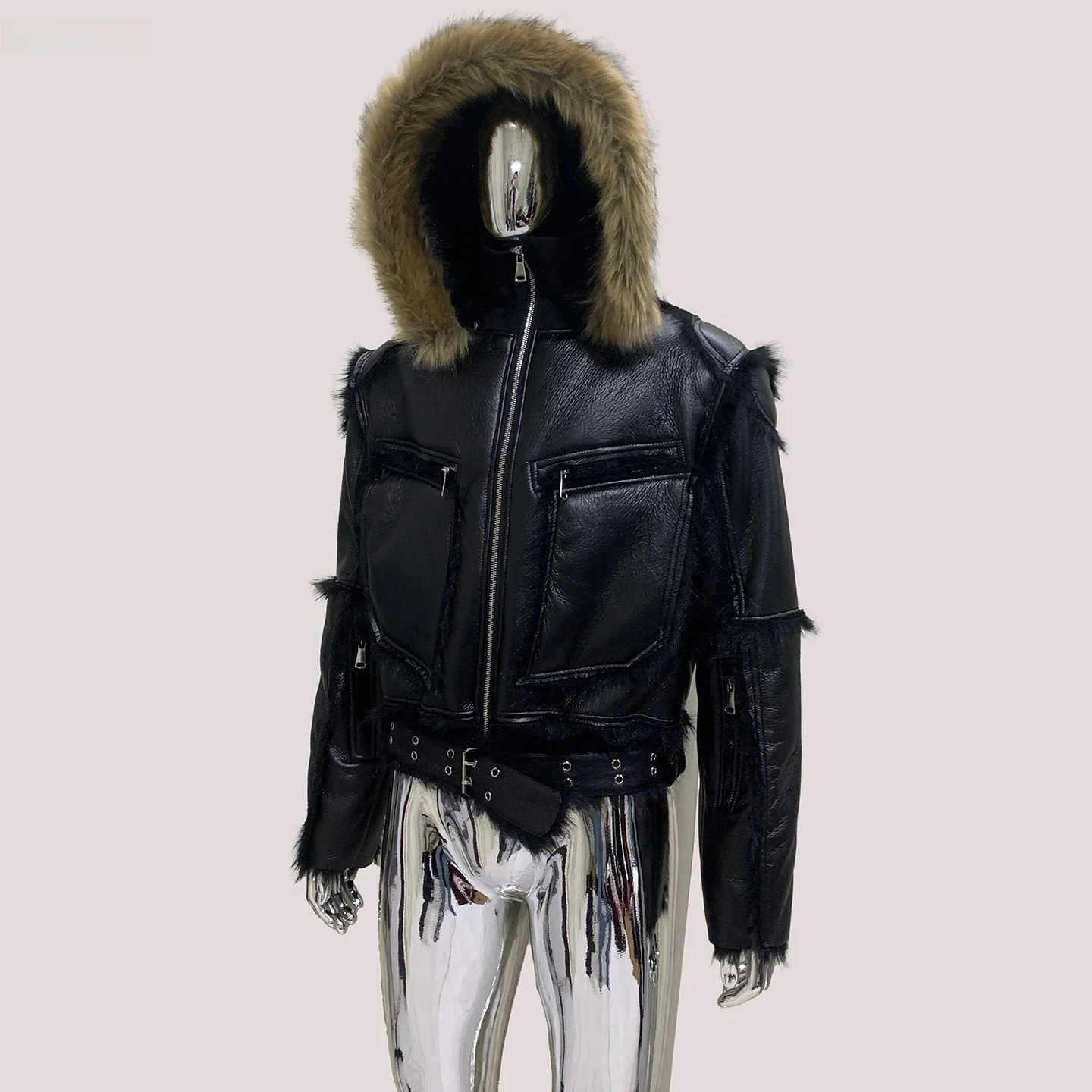Nerazzurri Men's Black Faux Fur Jacket Short Zipper Waist Belt Hooded Leather Velvet Coat Korean Style Commute Wind