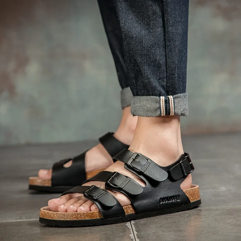 Fashion Men Women Cork Sandals New Summer Lovers\' Beach Gladiator Buckle Strap Sandals Shoes Flat Casual Men Beach Slippers