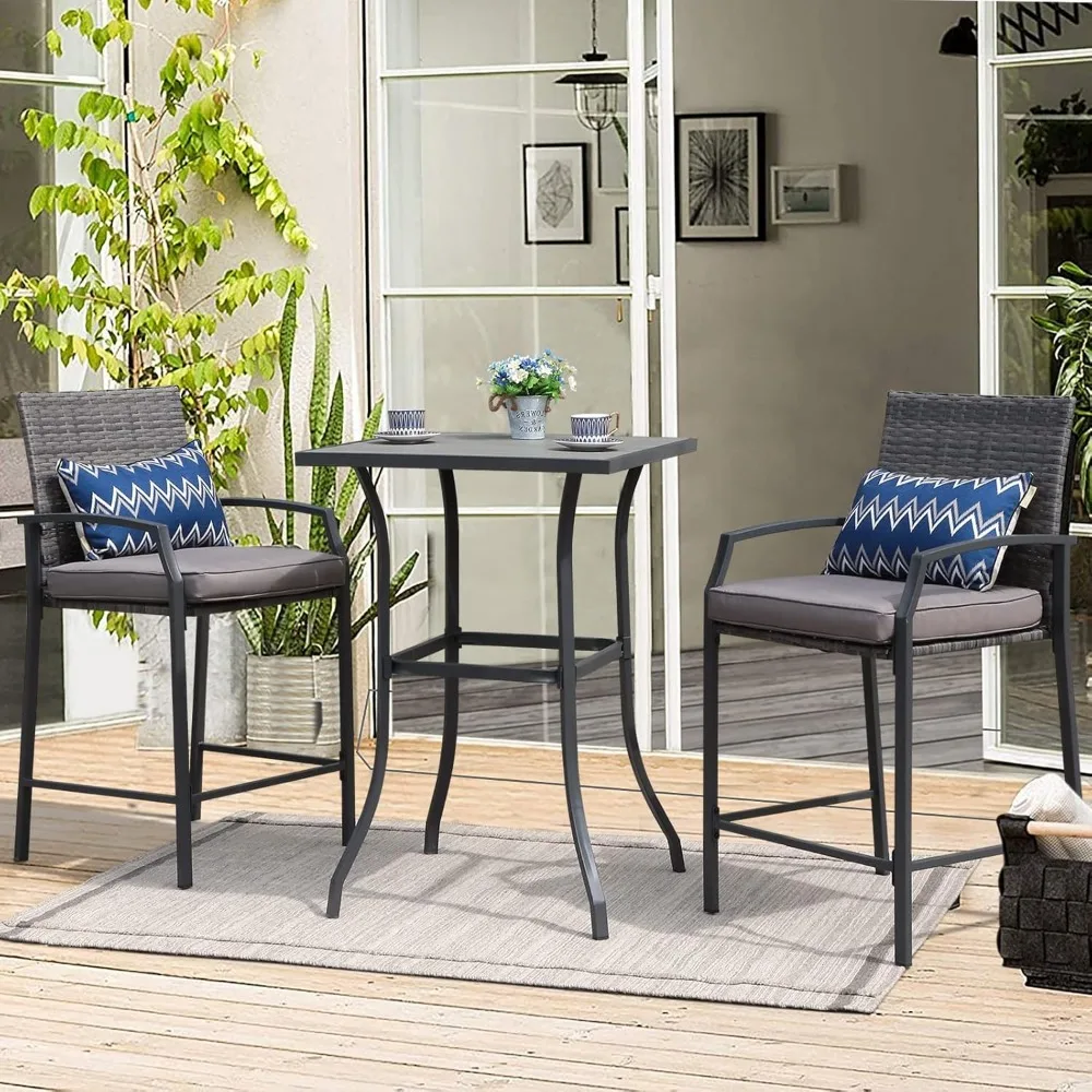 

3 Piece Patio Bar Set, Outdoor Wicker Counter Height Bar Stools and Wood Top Table Set for 2 People, Bar Height Table Bistro