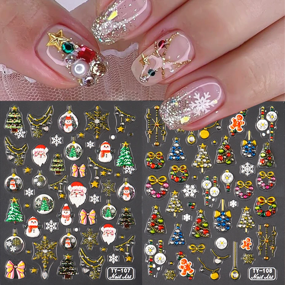 5D Cartoon Christmas Nail Art Stickers Snowflake Christmas Tree Cute Snowman Santa Claus DIY Manicure Nail Art Decorations