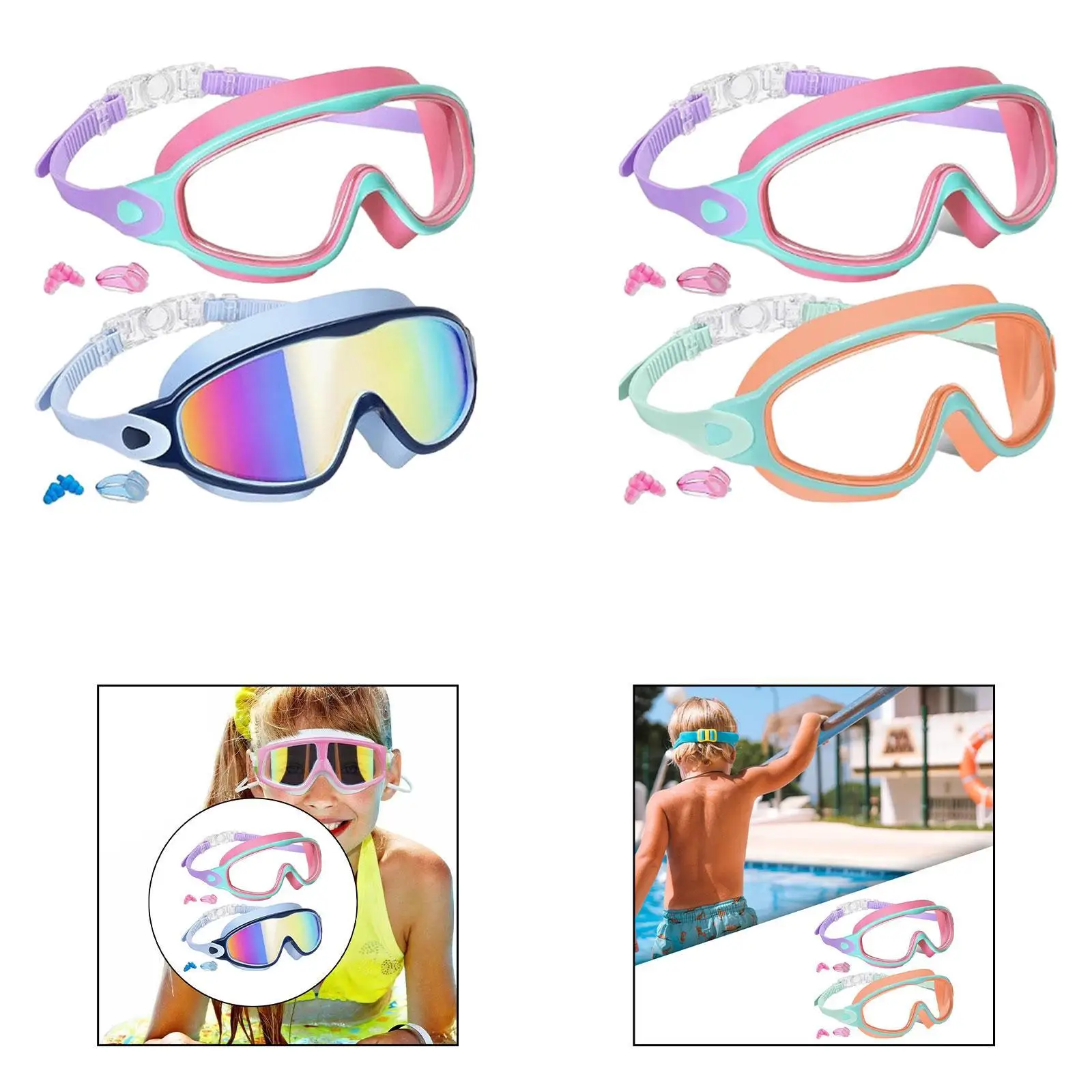 

Детские очки для плавания из 2 предметов, портативные герметичные очки с широким зрением, легкие очки для плавания с затычкой для ушей, регулируемые очки для бассейна