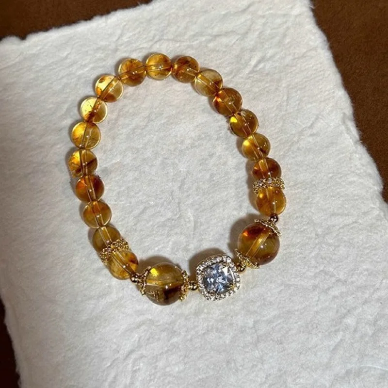 

Natural Yellow Citrine Bracelet Micro Paved Zircon Cubic Beads Elegant Trendy Fashion Elastic Adjustable Bracelet