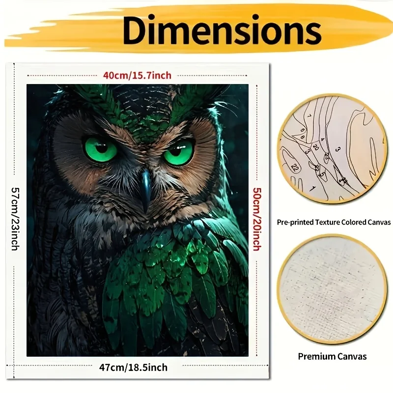 Professional Art Use: 1pc Adult Paint by Numbers Kit, Featuring an Owl with Emerald Feathers and Sharp Eyes. Beginner-Friendly D