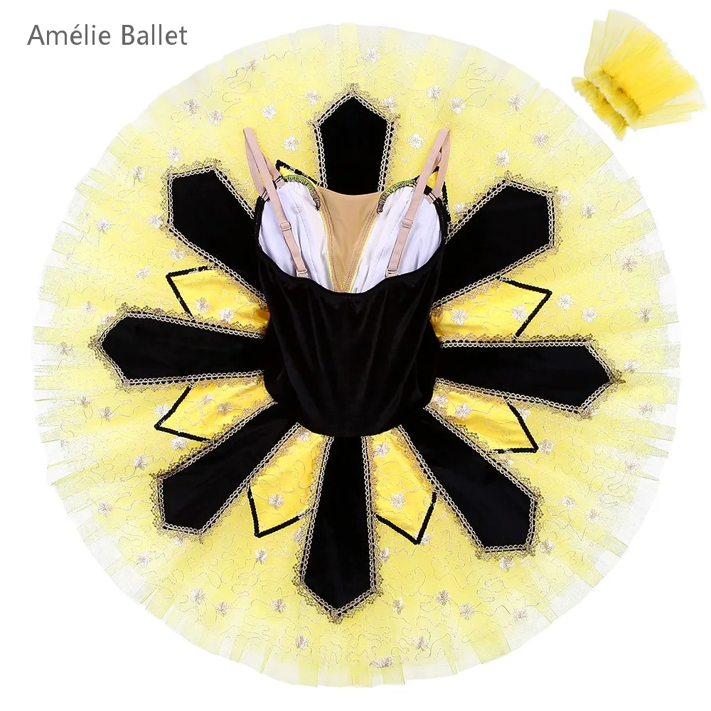 BLL587 Zwart Fluwelen Lijfje met Gele Stijve Tule Tutu Pre-professionele Ballet Tutu Meisjes & Vrouwen Prestaties Danskostuum