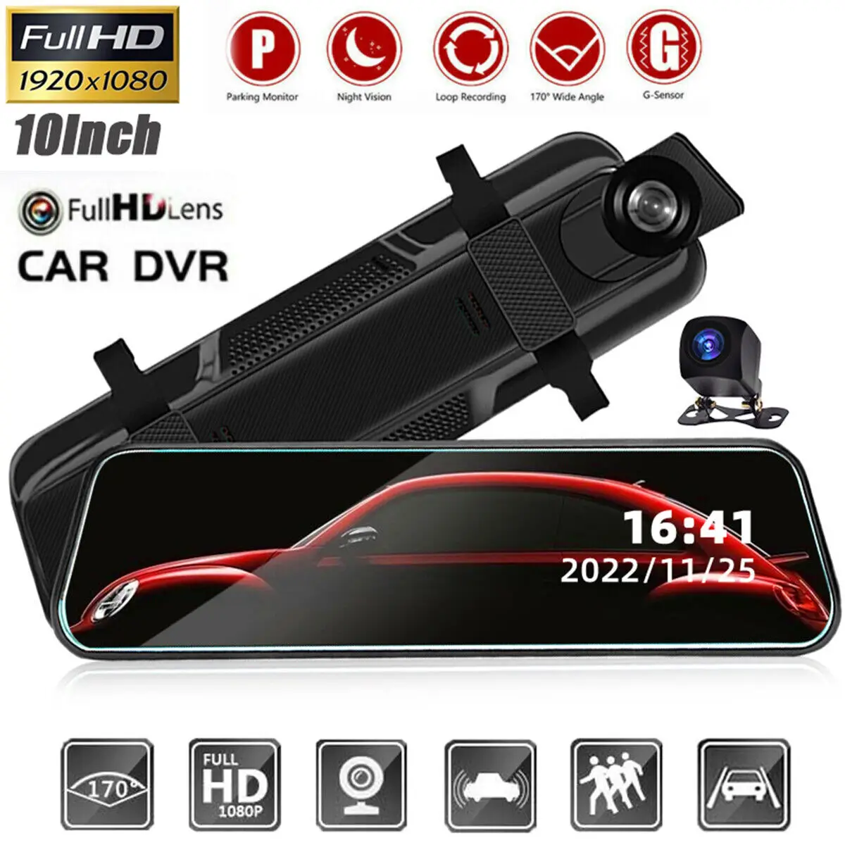 

24h Parking Dash Cam 10'' Car Dvr Rear Camera Fhd 1440p Drive Video Recorder Registrator Auto Rearview Dual Dashcam Black Box