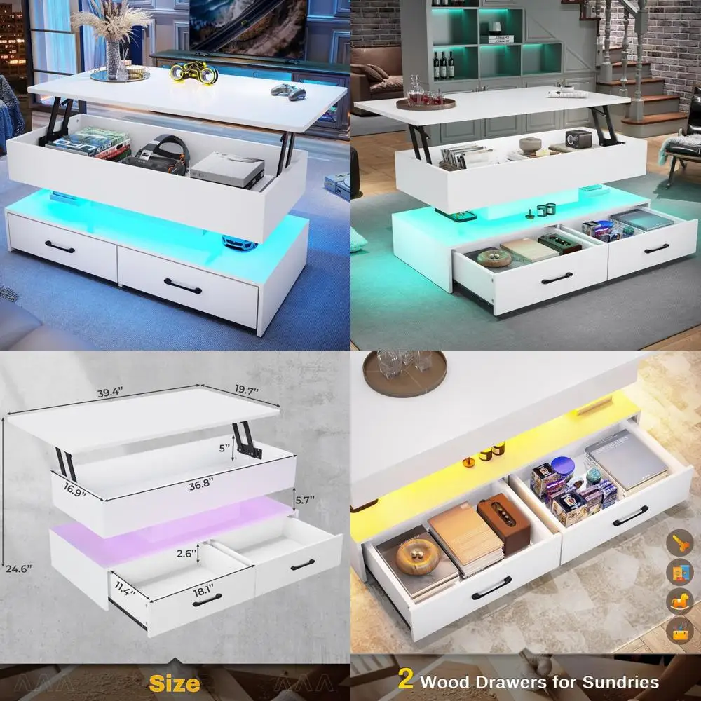 Stolik kawowy z oświetleniem LED i szufladami do salonu, kompaktowa konstrukcja z podnoszonym blatem.