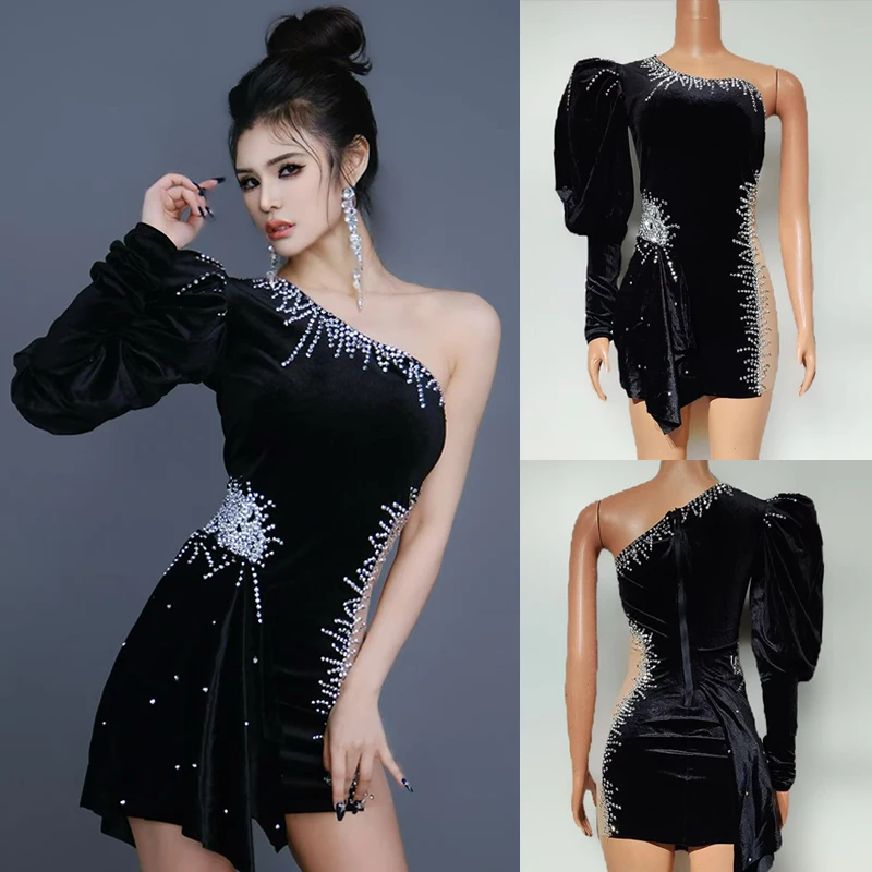 Black Party Dress Rhinestone Short Dresses Puff Sleeve Performance Outfit For Women Stage Costume Showgirl Rave Costume VDL3245