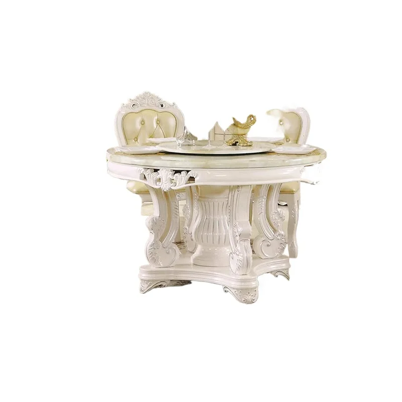 

European marble round table small apartment solid wood round dining high-end dining table household rotatable hot pot ro