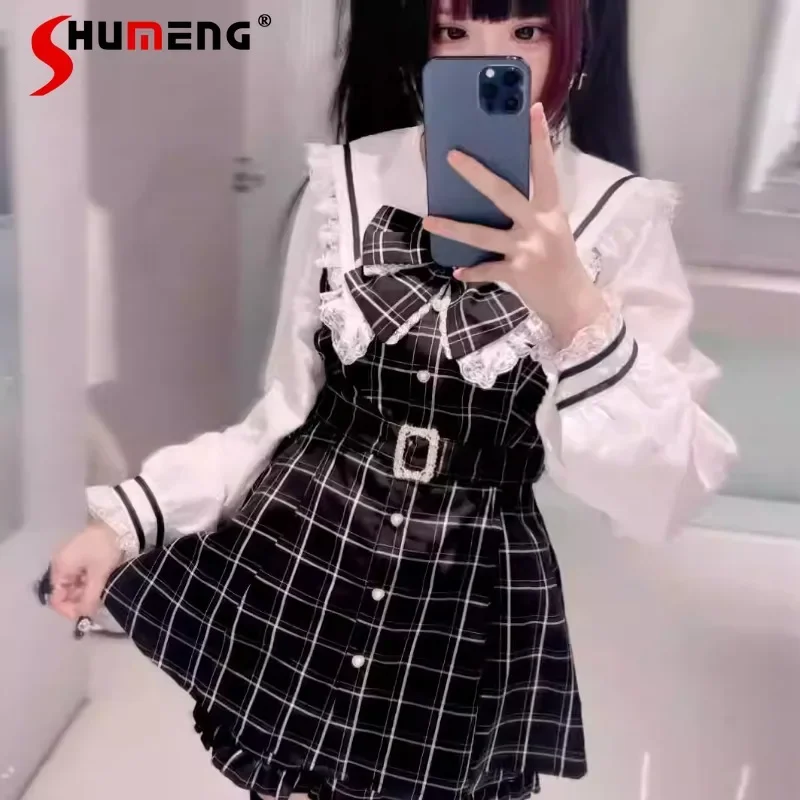 

Japanese Rojita SC Long Sleeves Single-breaste Dress With Belt Mine Series Mass Production Big Bow Original Waist Belt Plaid Set