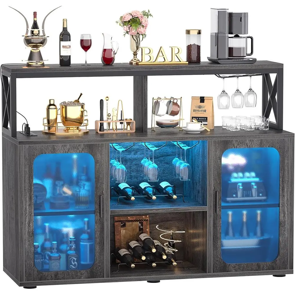 

Grey Oak Home Bar Cabinet with LED Lights, Glass Holders, and Built-in Power Outlets