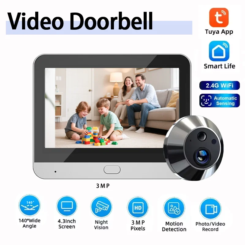 Tuya Smart 2K جرس باب يتضمن شاشة عرض فيديو 3MP ثقب الباب عارض كاميرا الباب الرقمية 140 ° زاوية واسعة صغيرة واي فاي PIR كشف HD جرس الباب عين القط #1