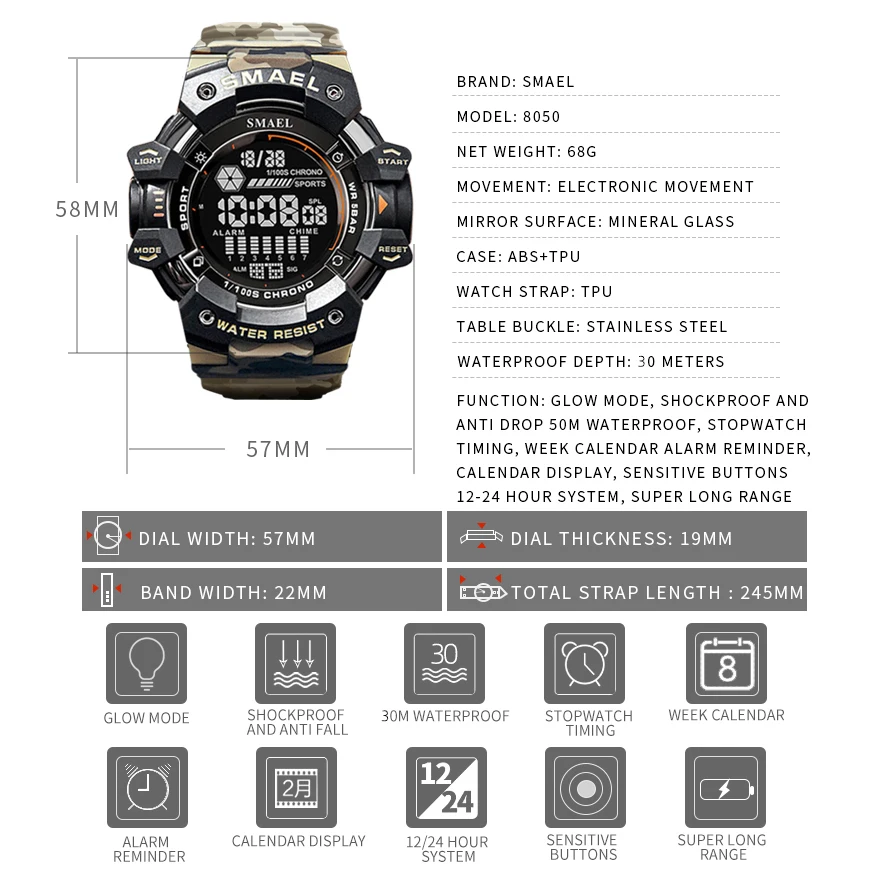 SMAEL cronometro di lusso orologio elettronico moda uomo conto alla rovescia all'aperto esercito militare uomo studente allarme orologi da polso digitali