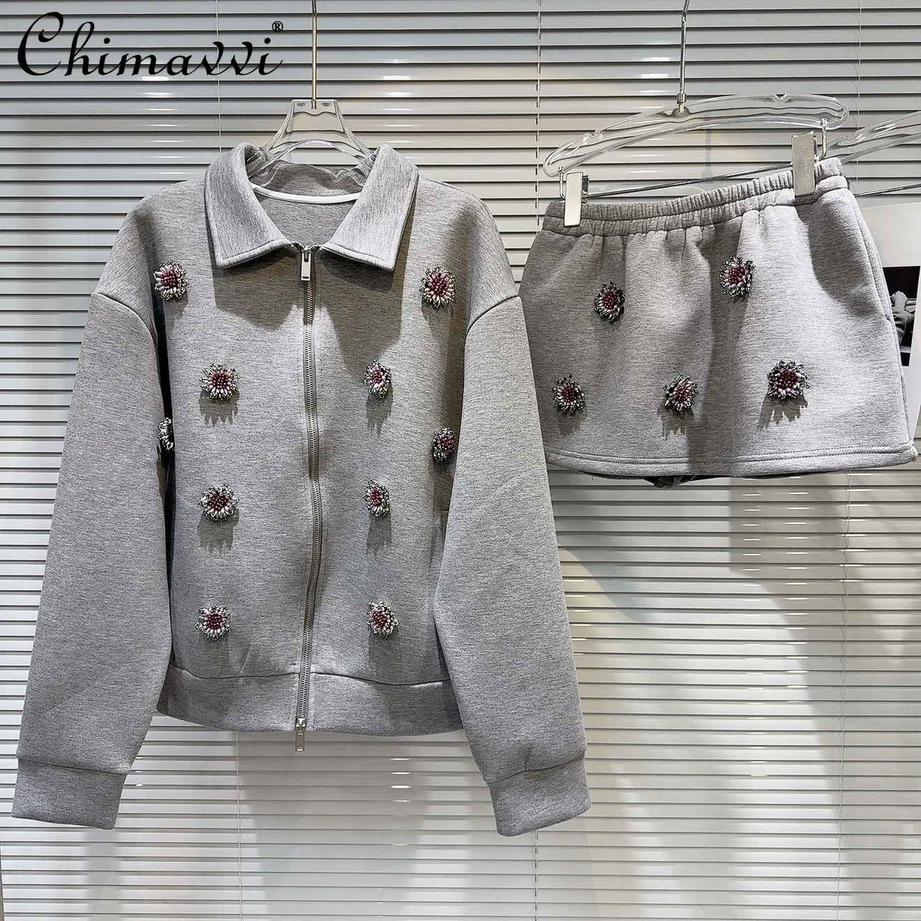 2025 Spring New Fashion Sweet Cool Girl Nail Diamond Flower Space Cotton Jacket Heavy Industry Skirt 2-piece Sets Womens Outfits