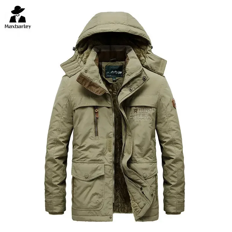 winter Parka Men's Multi-pocket Thickened Fleece-lined Cold-proof Padded Jacket Outdoor Camping Removable Cap Warm Men's Coat