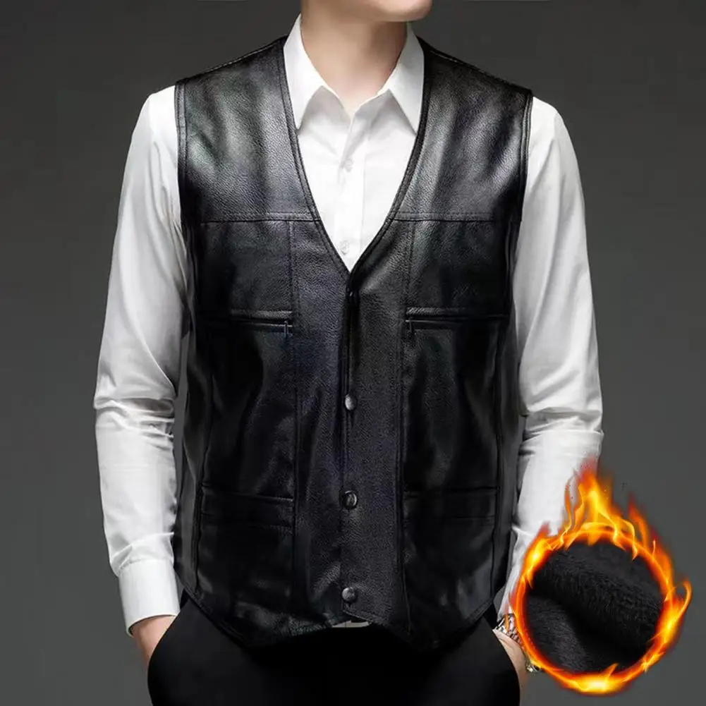 Stylish Men Waistcoat Male Sleeveless Jacket Solid Color Plush Lining Buttons Vest  Coldproof