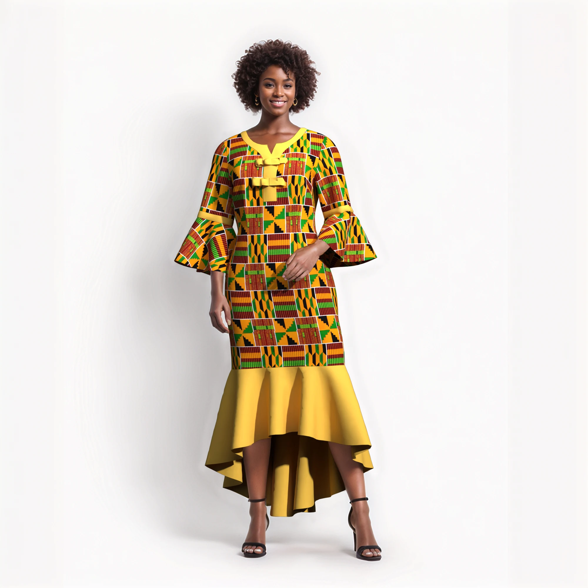 Plus Size African Kente Print Midi Dress Bell Sleeve Spliced Irregular Hem Dashiki Dress Ethnic Afrocentric Wedding Outfit