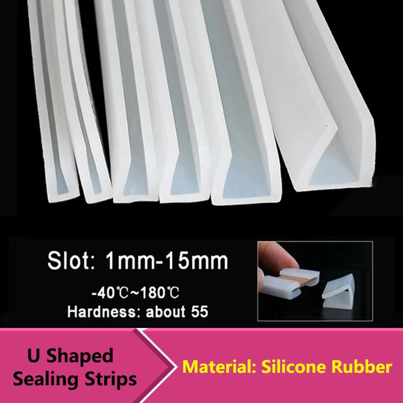 Borracha de silicone U-Shape Weatherstrip, tira macia, junta sólida, janela branca, porta do carro, chuveiro, borda de vidro sem moldura, 1 m, 3m