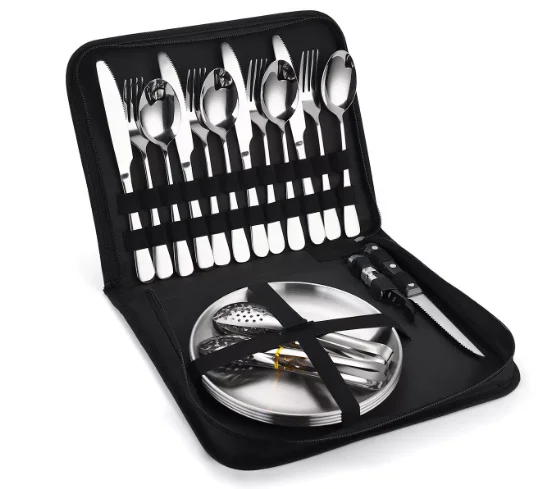 Outdoor tableware Stainless steel knives, forks, spoons, golden 4-person portable camping barbecue plate tableware 20-piece set