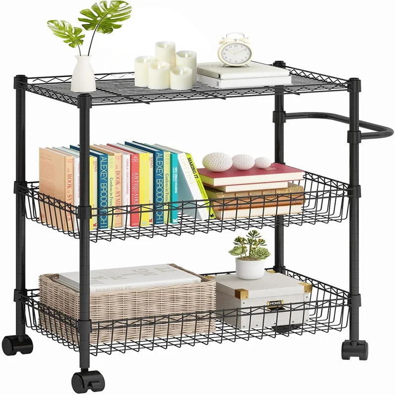 3 Tier Rolling Cart, Metal Kitchen Cart On Wheels with Baskets, Wire Shelving Rolling Snack Storage Cart Utility Trolley