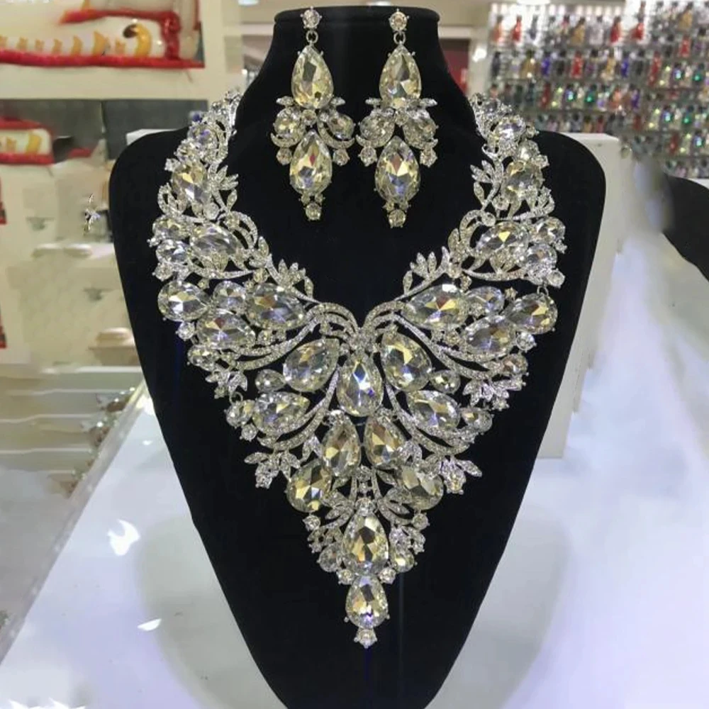 Stonefans Rhinestone Drop Necklace Earrings Set for Women Party Accessories Large Exaggerated Drag Queen Jewelry Set Luxury 2023