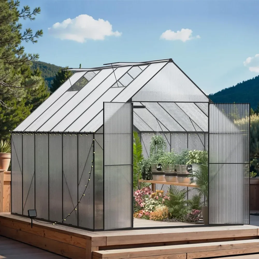 8x12 FT Greenhouse with Roof Vent, Large Walk-in Aluminum Hot House, Outdoor Heavy Duty Polycarbonate Greenhouse