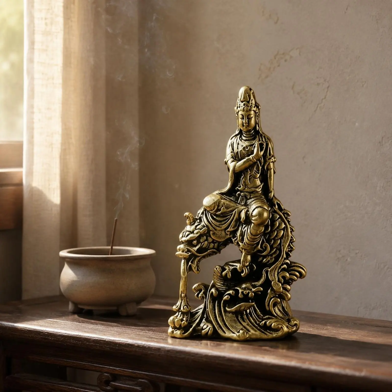 Guanyin Figurine Swirling Base Desktop Figurine Small Brass Statue Lustrous Ornament Collectible