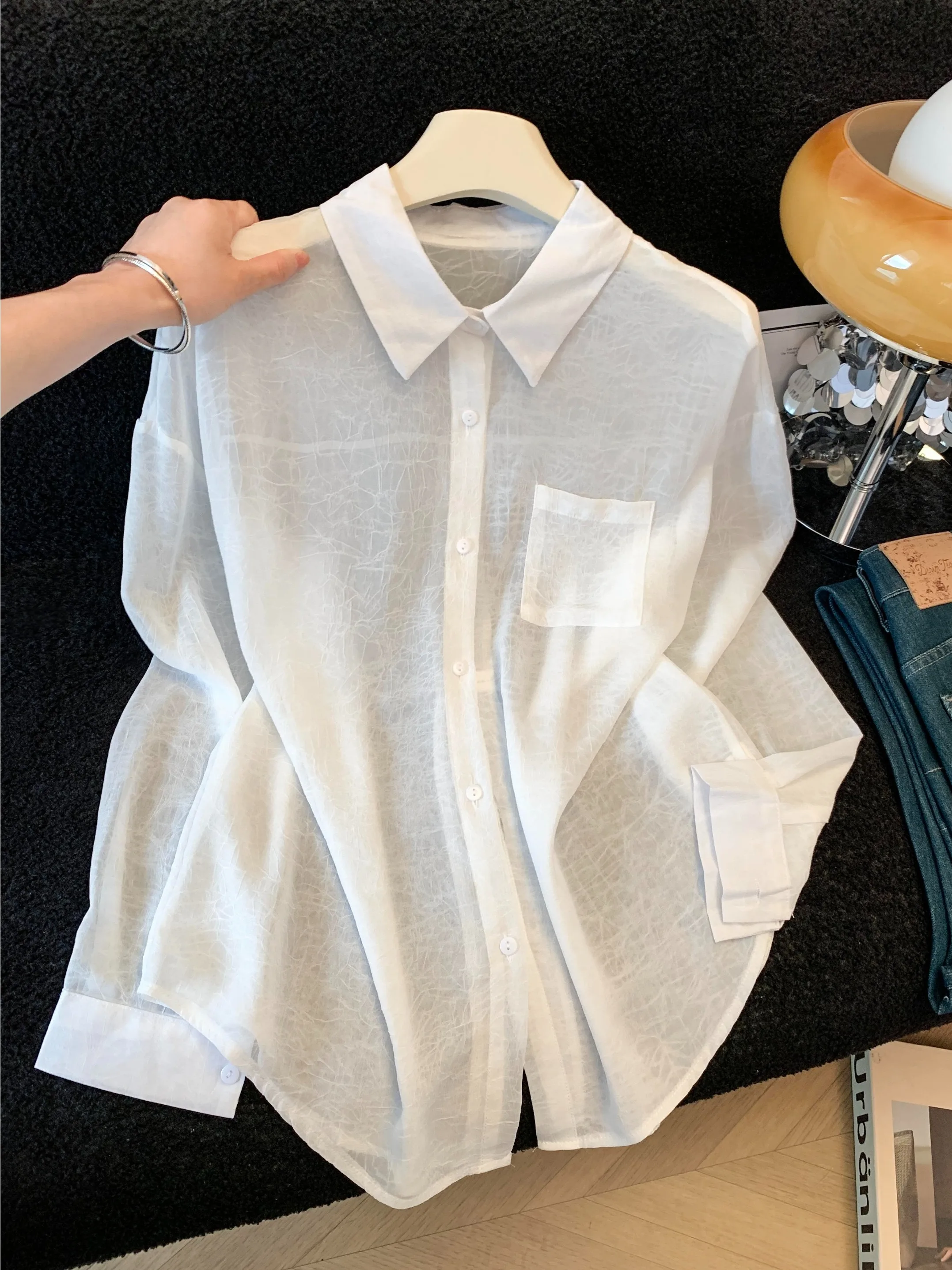 Women's Summer Lightweight Breathable Sun Protection Shirt Design Back Button Slit Korean Style Loose Fit Long Sleeve White O...